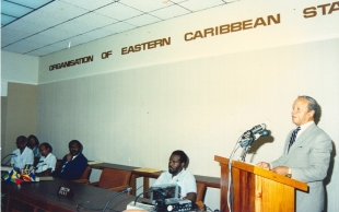 Sir John Compton addresses an early meeting of OECS Heads of Government