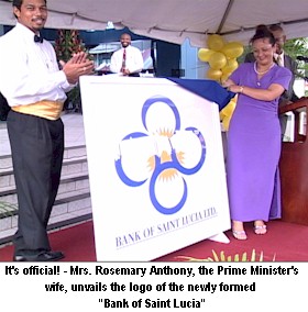Mrs. Rosemary Anthony unvails the logo of the Bank of Saint Lucia