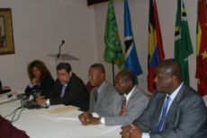 PM Gonzalves of St. Vincent at press briefing along with Prime Ministers Thomas of Grenada, Douglas of Saint Kitts and King of St. Lucia on his left and Director General  Len Ishmael  on his right
